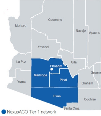 Map of Arizona counties. NexusACO Tier 1 Network in the following counties. Maricopa, Pheonix, Pinal, Pima